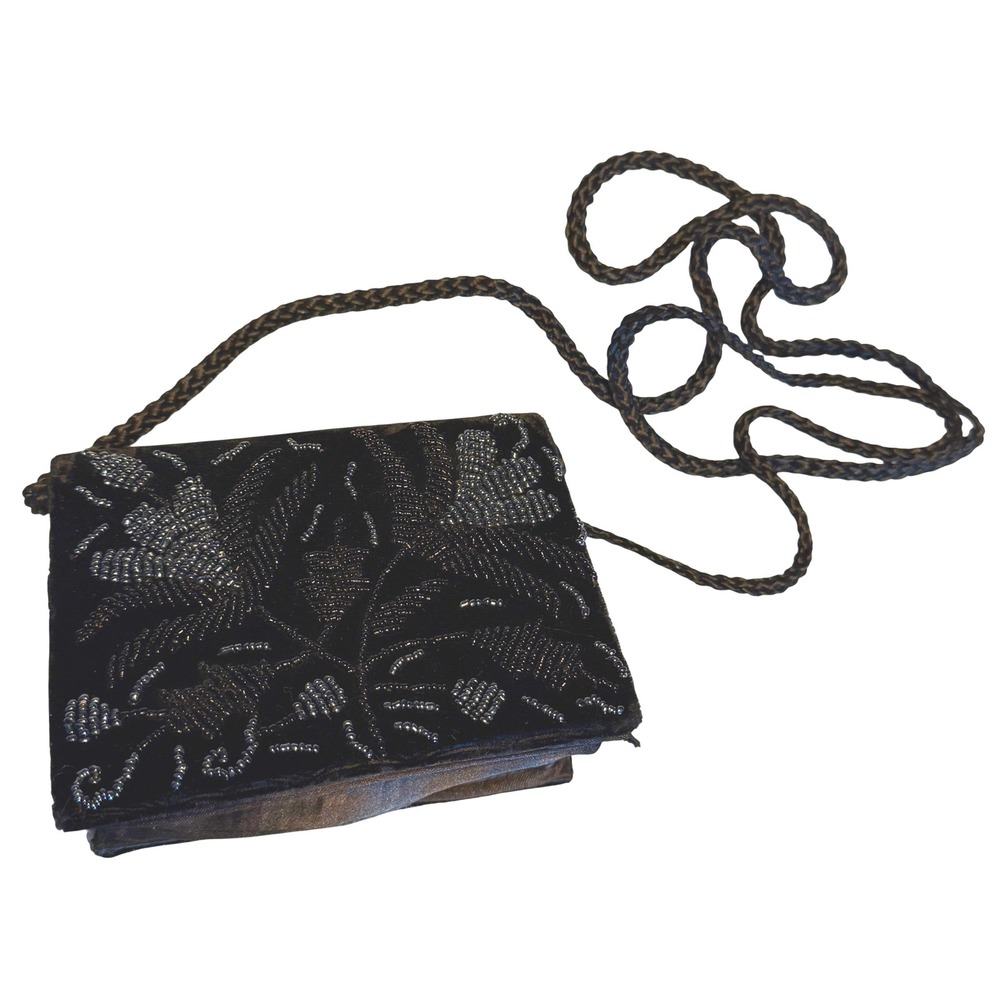 Vintage Black Velvet Beaded Evening Bag Purse Art Deco Floral 5"x4" Snap Closure